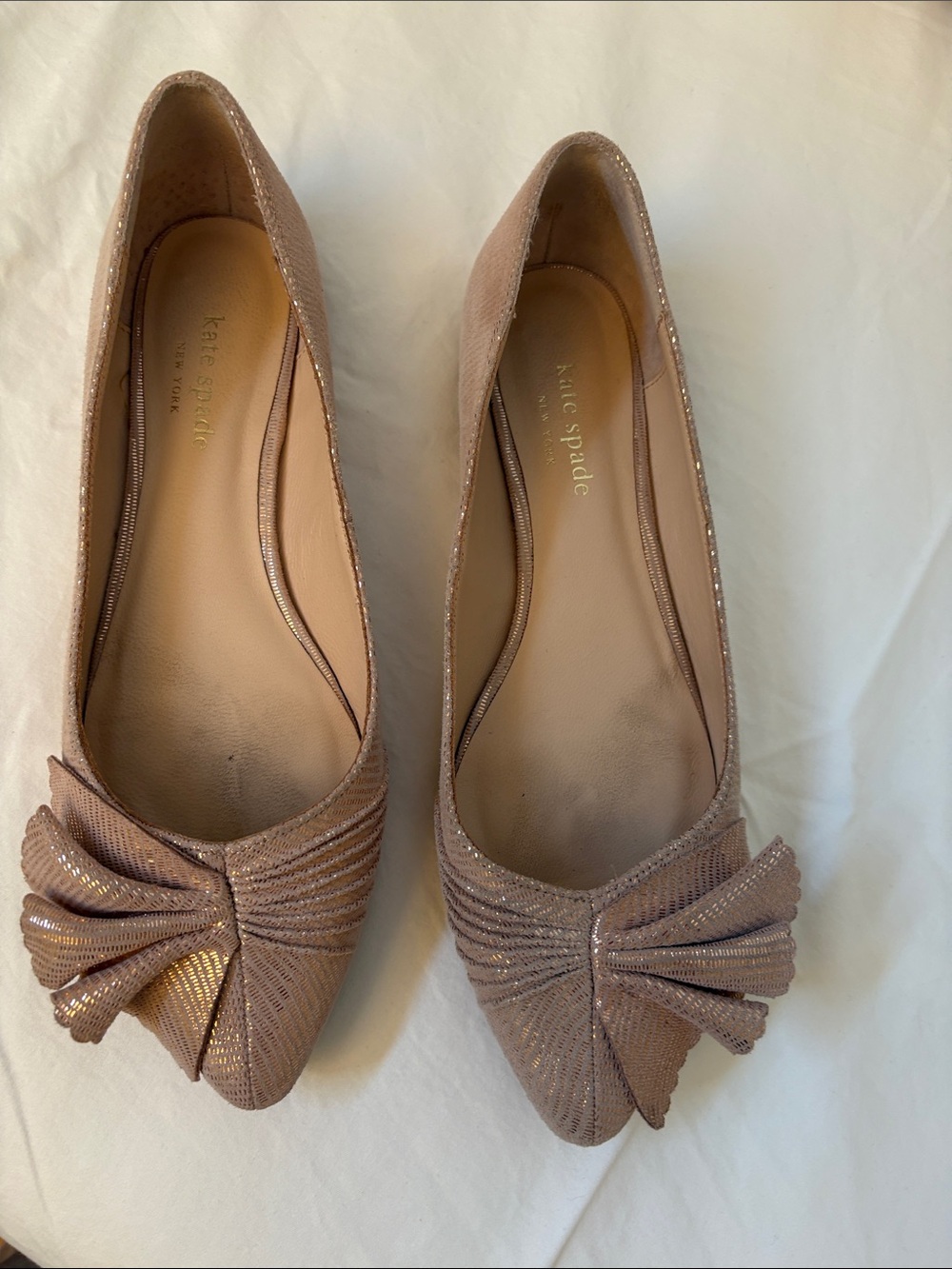 kate spade Metallic Rose Gold Pointed Toe Flats with Bow Detail